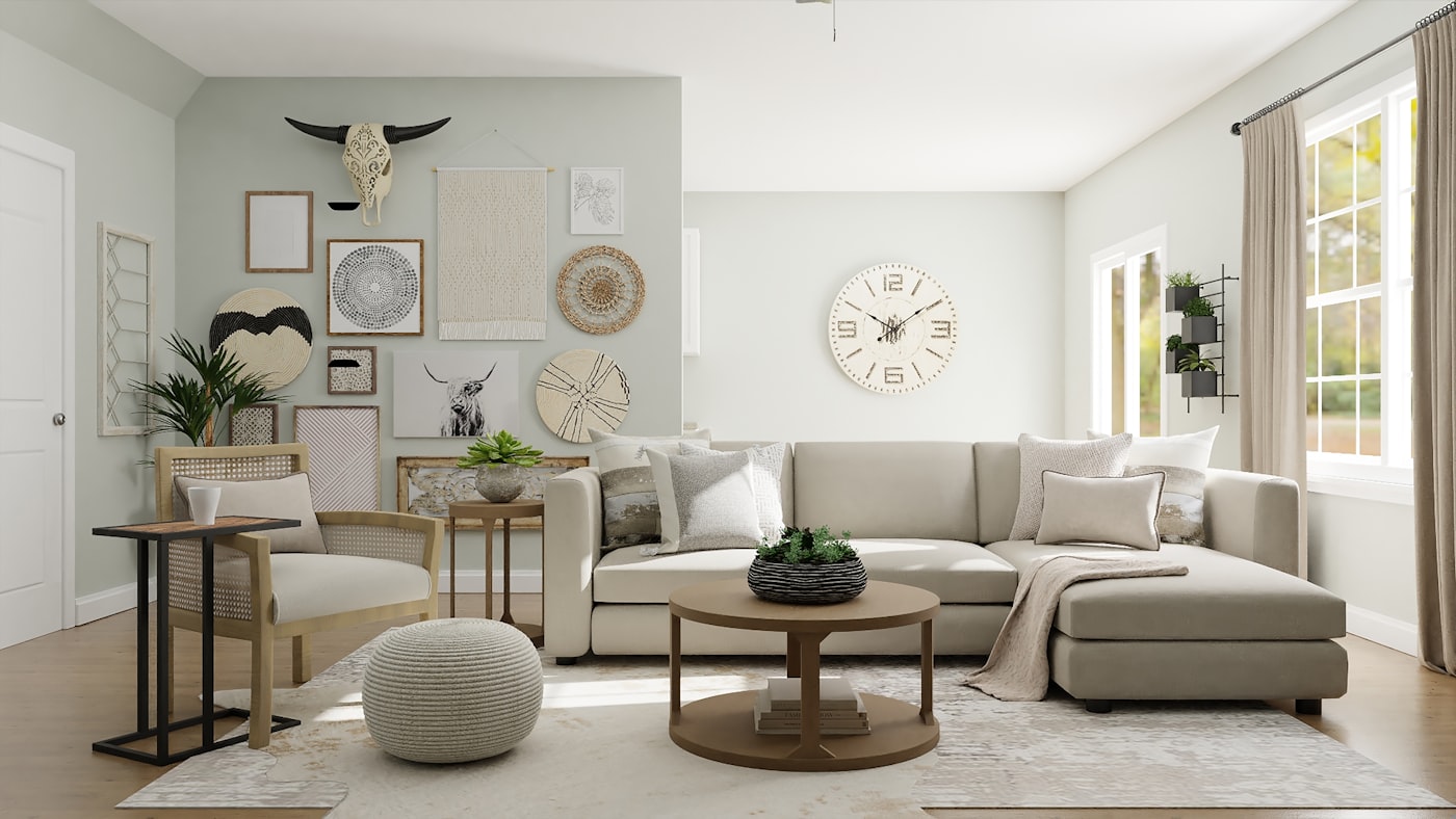 A warm, light-filled furnished living room in a MADJUI co-living home
